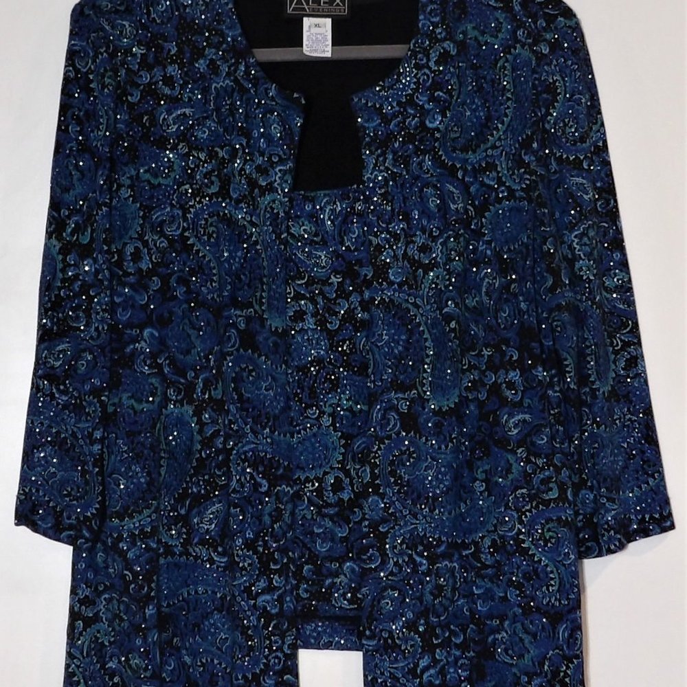 ALEX EVENINGS SPARKLY NAVY PAISLEY TWIN SET SIZE XL